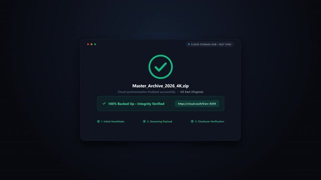 modern cloud storage upload progress bar with animated sync icon, transfer rate telemetry, file size counter, and completion state.
