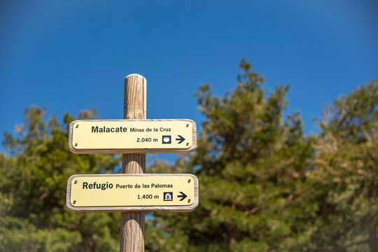 Hiking Trail Signs Pointing to Malacate, Minas de la Cruz and Puerto de las Palomas Refuge, Sierra de Baza, Spain