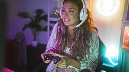Young hispanic woman gamer wearing a headset, holding a gamepad and smiling with hands raised in cheer in a streaming studio  excitement victory. © Krakenimages.com