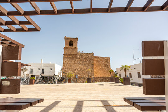 Historic Santa Maria Church Built of Golden Stone on a Hill in Mojacar, Almeria, Spain