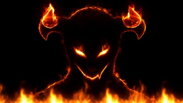 Fiery devil silhouette with flaming horns and glowing grin above burning fire on black