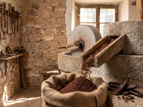 Ancient stone mill grinding carob pods into dark powder inside a rustic rural workshop with burlap sack traditional agriculture grain food processing old world