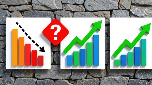 Business growth, decline concept with 3d bar charts on stone wall. Red question mark symbol shows financial uncertainty. One graph shows falling orange bars two charts display rising green arrows for