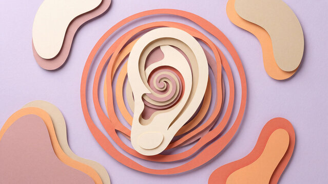 Tinnitus concept, paper cut human ear with inner ear spiral and ringing sound waves, layered paper medical illustration