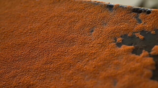 Orange rust flakes spreading across a textured dark gray metal surface in close up
