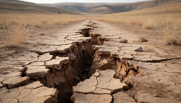 A deep fissure splits a parched dirt road under an expansive, hazy sky