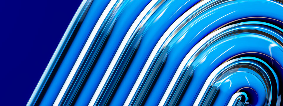 Electric blue concentric glass swirl and liquid chrome tunnel in 3D
