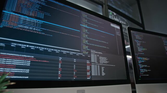 Computer monitors displaying lines of code and software scripts in technology workspace. Ideal for cybersecurity campaigns, programming tutorials, tech advertising