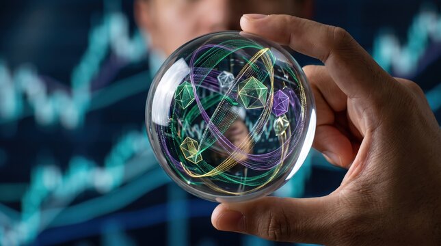 Hand holding crystal ball with glowing cryptocurrency symbols like Bitcoin Ethereum inside representing financial prediction, market analysis and future investment opportunities.
