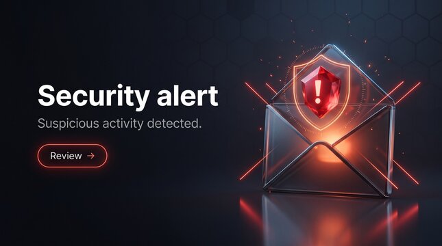 A digital security alert notification featuring a glowing red warning icon inside an open envelope with notification dark background crystal shield exclamation mark floating