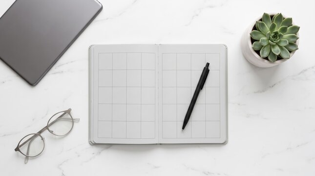 Minimalist weekly planner open on marble desk with pen, glasses, tablet and succulent plant, organization and productivity tools, daily schedule planning