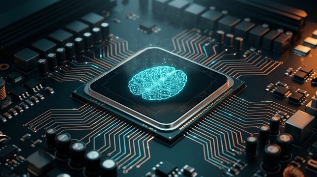 A glowing digital brain icon integrated onto a modern computer processor chip on circuit board with central processing unit chip luminous cyan brain graphic emerging surface
