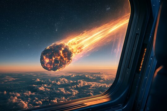 Giant Burning Meteor Entering Earth Atmosphere Viewed Through a Spaceship Window
