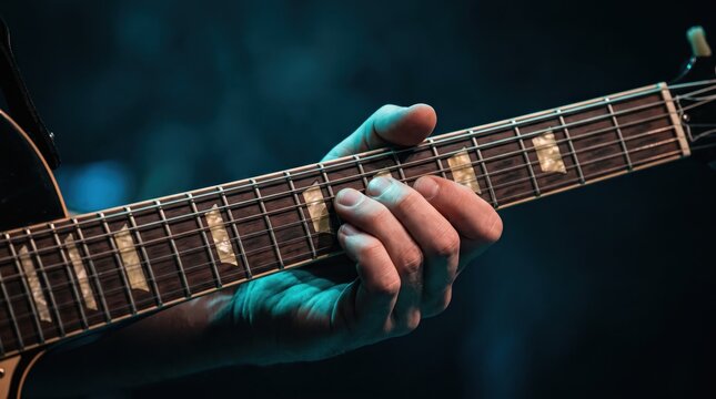 Musician playing electric guitar close up, fingers pressing strings on fretboard during live concert performance with blue stage lighting and dark bokeh background atmosphere.