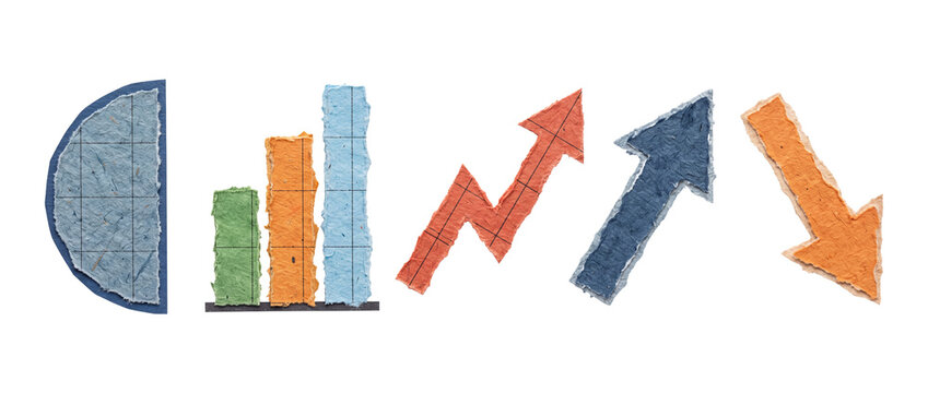 Business chart graph paper cut icons showing financial growth arrows, bar graph, pie chart, and market trend statistics isolated on black background for corporate infographics and data analysis.