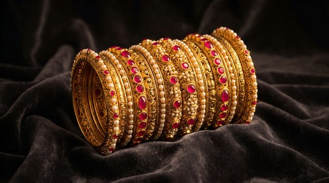 Traditional Indian 22k gold bangles embedded with rubies and pearls on dark velvet