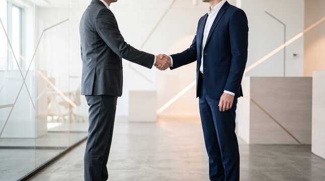 Two businessmen shaking hands in a bright modern office, symbolizing partnership, successful deal closing, agreement signing, collaboration, trust, teamwork, corporate merger