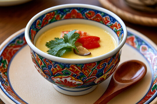 Traditional Japanese Chawanmushi Steamed Egg Custard with Shrimp, Mushroom and Parsley