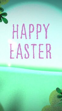 Vertical video: Sparkles appearing and glow growing, HAPPY EASTER text pulsing and shining to greet