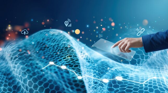 Hand interacting with futuristic tablet displaying holographic graph and cloud computing icons on blue digital wave background, representing business analytics