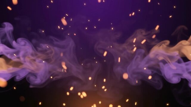 Spooky Halloween night motion background featuring swirling purple and orange smoke with glowing fiery sparks floating against a dark backdrop video loop