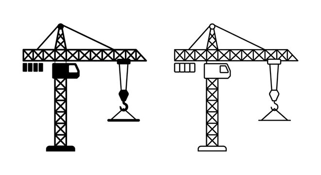 Construction tower crane technical blueprint illustration isolated on white background
