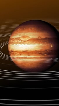 Vertical video: As rings sweep, Jupiter rotating, banded storm showing, rings closing to show orbit