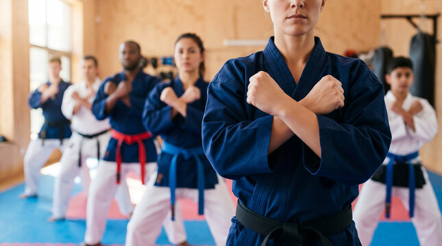 Diverse martial arts group in uniforms practicing karate defense stance in dojo gym