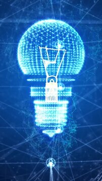 Vertical video: Pulses sparking holo bulb building mesh, filament glowing, nodes lit to show idea