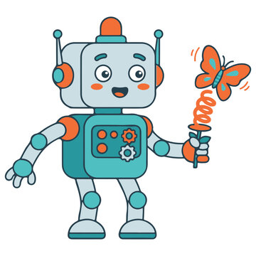 Friendly robot holding a toy butterfly on a spring with artificial intelligence