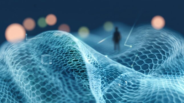 Abstract blue digital wave network with floating cubes and silhouette, representing futuristic technology, data connectivity, and complex information processing systems.