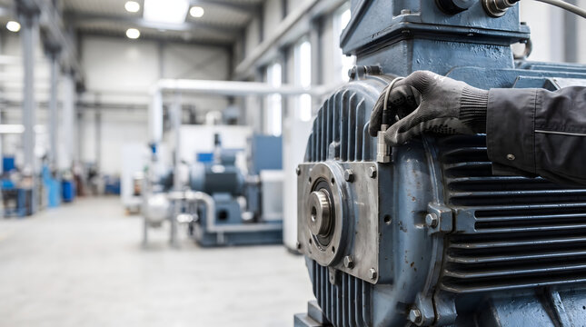 A worker placing a vibration sensor on a large industrial electric motor to analyze its condition.