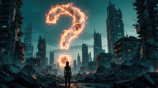 Lonely woman stands in ruined post apocalyptic city looking at huge glowing fire question mark. Dark futuristic skyline with destroyed skyscrapers looms over rubble. Mystery symbol burns in night sky
