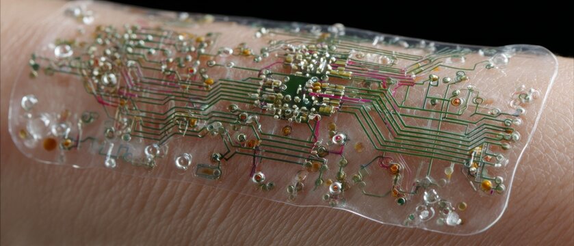 A flexible transparent electronic circuit with metallic traces and components rests on human skin against a black background.