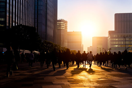 Crowd of anonymous people walking on sunset in the city streets