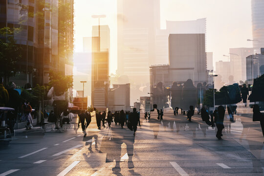 Crowd of anonymous people walking on sunset in the city streets