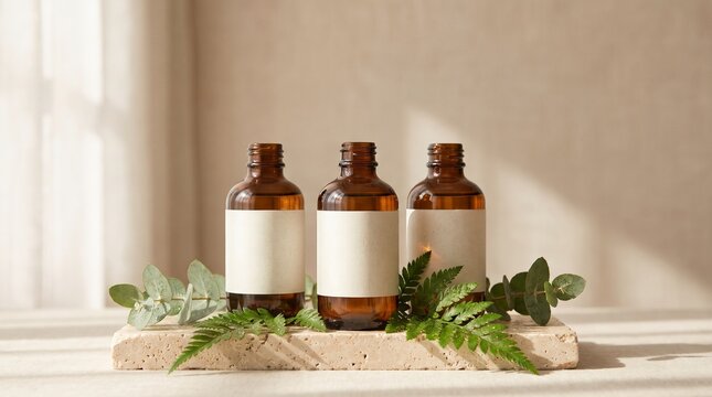 Premium skincare product still life featuring amber glass bottles, botanical leaves, and natural stone textures in soft sunlight.