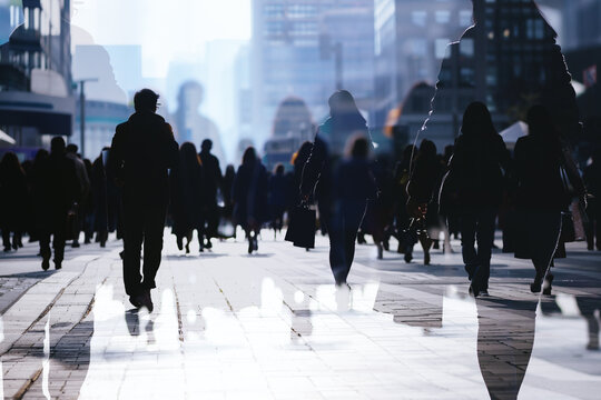 Crowd of anonymous people walking on sunset in the city streets