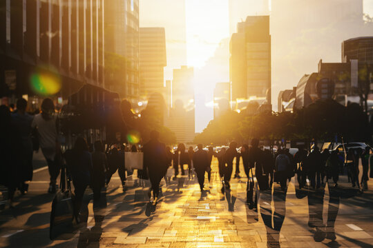Crowd of anonymous people walking on sunset in the city streets