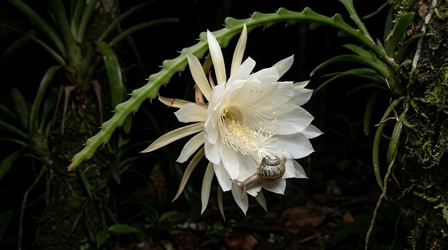 Night blooming cactus flower with tiny frog on petal in dark jungle setting