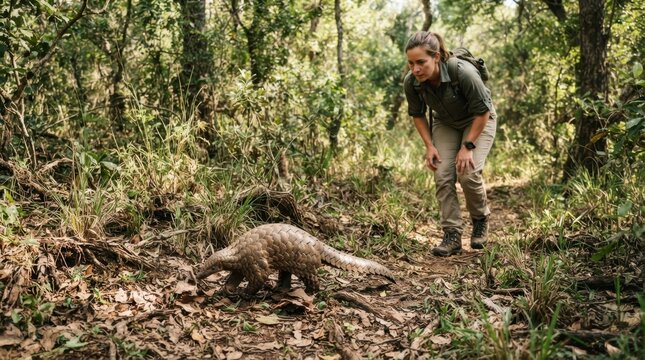 A wildlife observer watches a pangolin moving through dense forest undergrowth in its habitat
