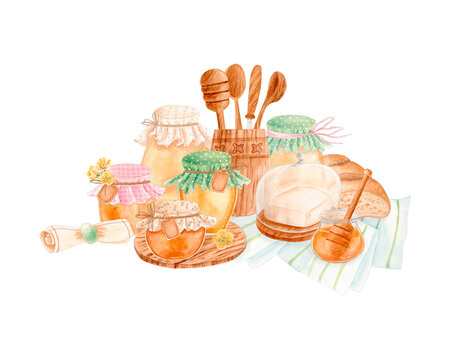 Hand drawn watercolor food illustration of honey jars with fabric covers, bread, butter, wooden utensils and kitchen towel. Rustic still life composition isolated for packaging, branding, cookbooks
