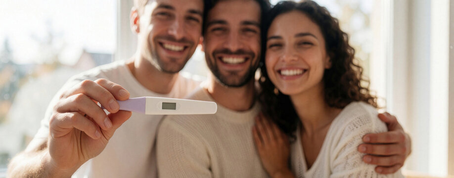 Young happy couple shows positive pregnancy test result. Smiling man, woman celebrate news of pregnancy together. Excited husband, wife hug holding ovulation test device. Joyful lifestyle moment of