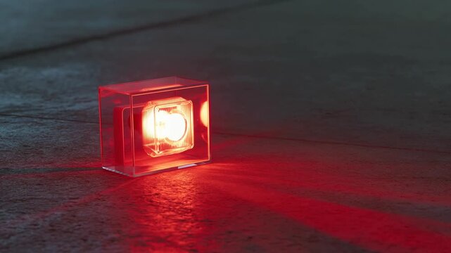 Glowing red warning light inside clear acrylic cube on dark wet ground with red light beams