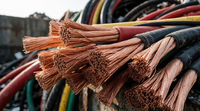 Close up of stripped copper electrical wires, cables. Bundles of shiny orange metal strands come out of colorful insulated cords. Recycled scrap metal piles at industrial recycling plant for
