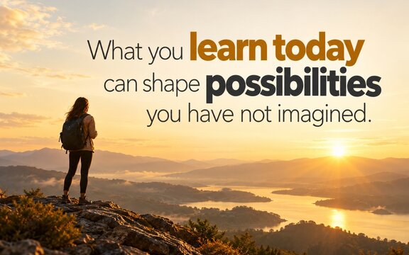 Inspirational learning quote "What you learn today can shape possibilities you have not imagined" alongside a lone hiker overlooking sunlit mountains.