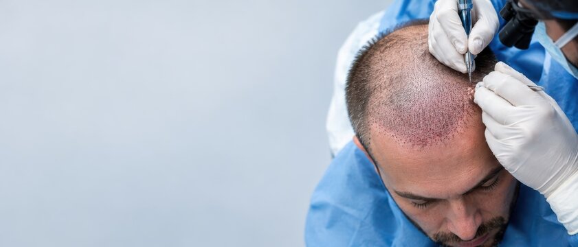 Hair Transplant Surgery on Balding Man with Surgeon Implanting Hair Follicles into Scalp in Medical Clinic