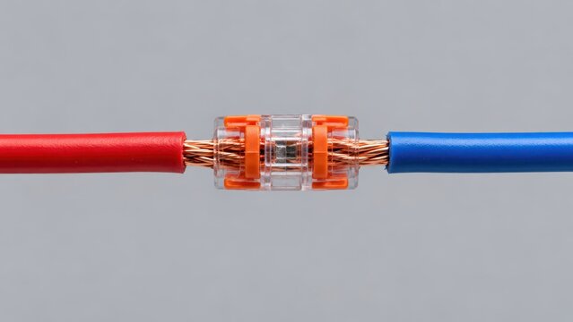 Transparent Electrical Wire Connector Joining Red and Blue Copper Cables on Gray Background with Copy Space