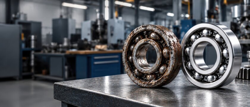 Rusty Damaged Ball Bearing Compared with New Shiny Steel Bearing on Industrial Workshop Table
