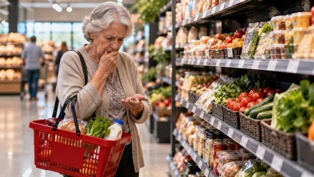 Worried Senior Woman Counting Coins While Grocery Shopping in Supermarket Amid Rising Food Prices and Inflation